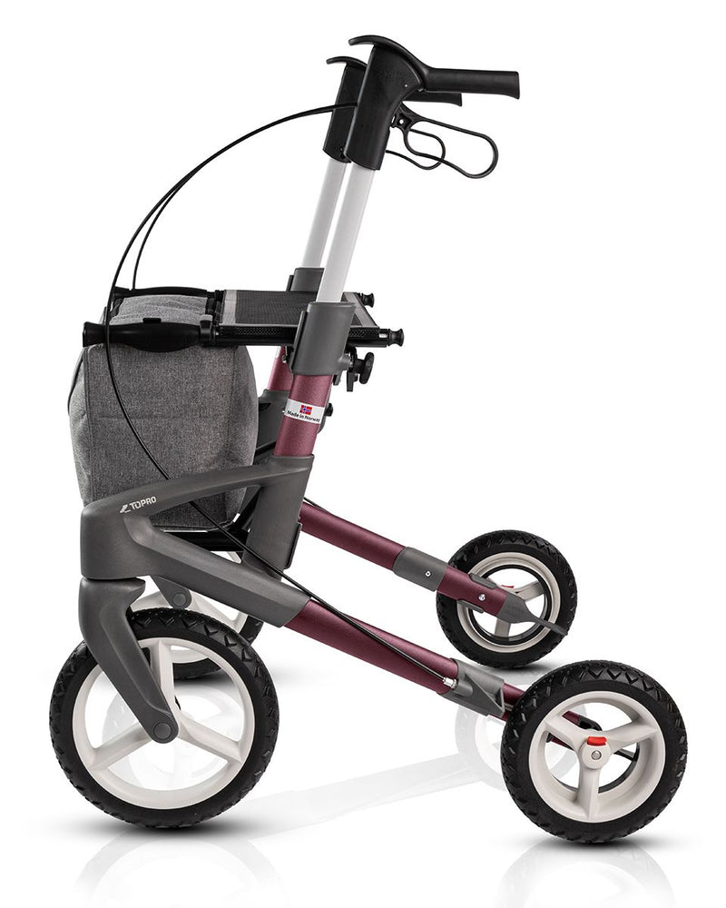the image shows a side view of the red topro olympos rollator