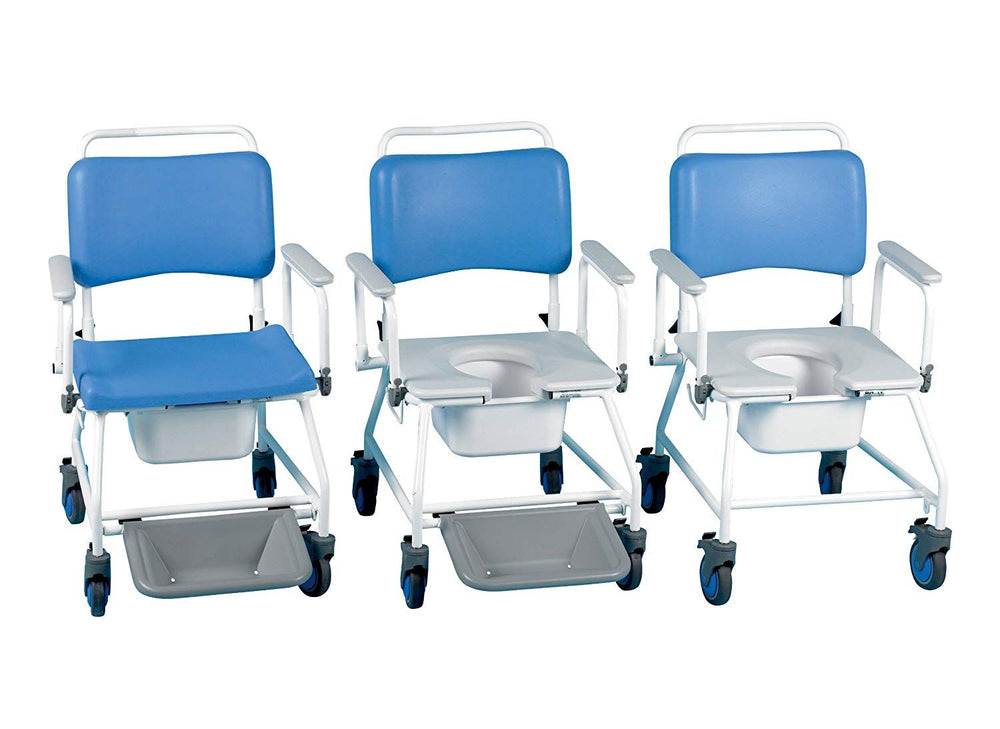 the Atlantic Bariatric Commode and Shower Chair in three states- with seat lid and footrest in place, without seat lid in place and without either the seat lid or footrest.