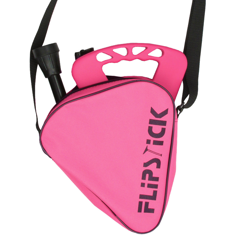 A close up of the bag of a Height Adjustable Folding Flipstick in Pink