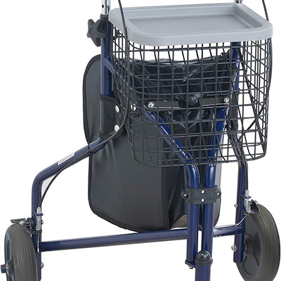 Steel Tri/Three Wheel Walker - Blue with Bag and Basket