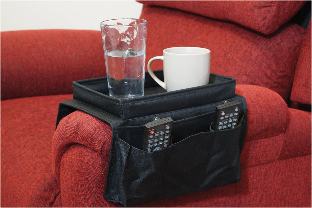 Arm Rest Organiser on red arm chair