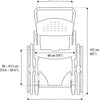 shows the dimensions of the Etac Clean Self Propelled Shower Commode Chair