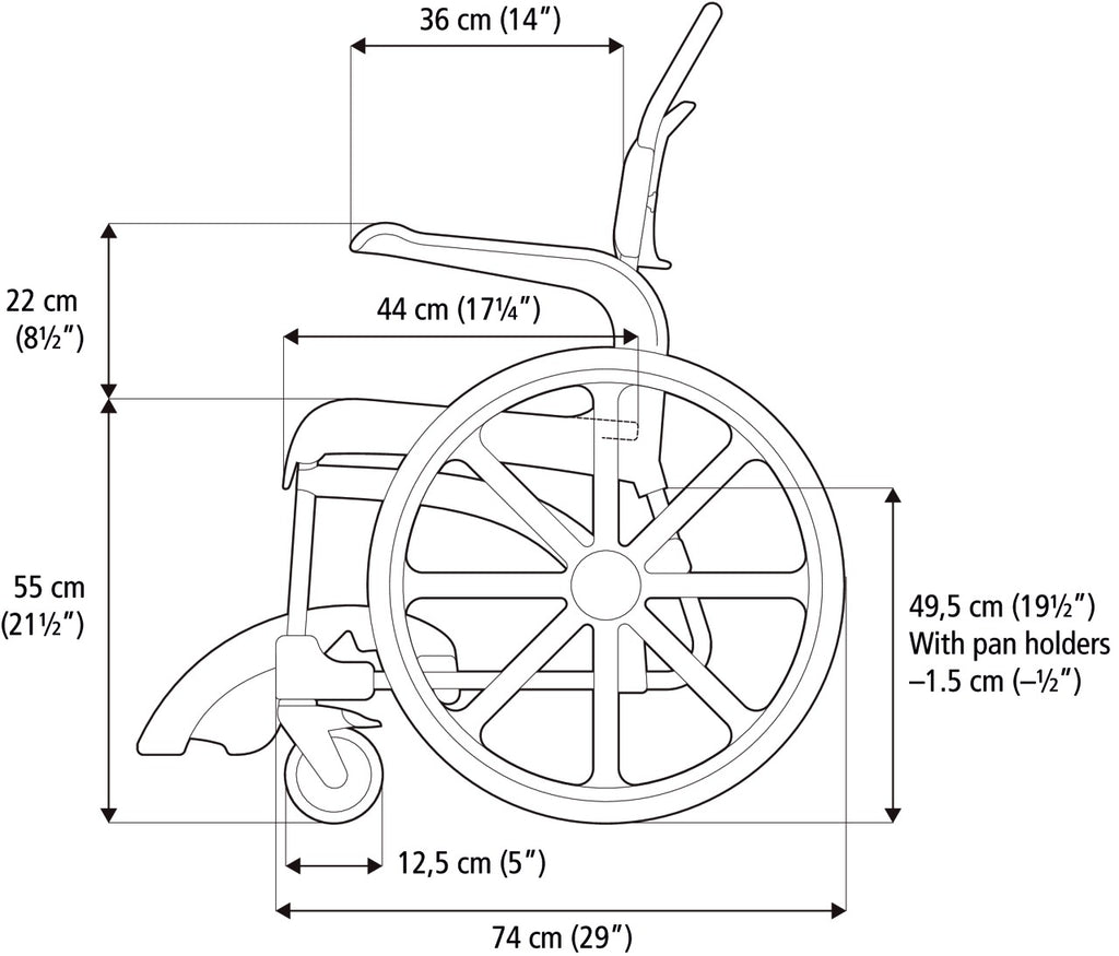 shows a cross section of the Etac Self Propelled Shower Commode Chair in white with the product measurements