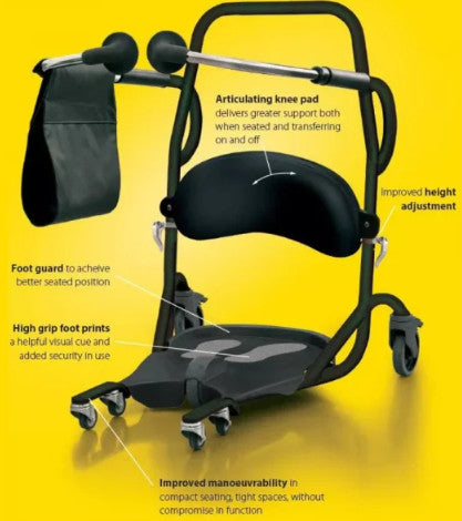 Demonstrates the articulating knee pad, the foot guard, the highgrip foot prints, improved maneuverability and improved height adjustment