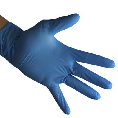 shows a hand wearing a nitrile powder free glove