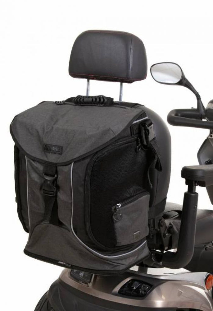 Image of the torba go bag fitted to the back of a mobility scooter in the grey/black option