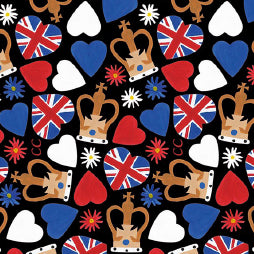 the image shows the pattern on the crowning glory walking stick. Which is: gold crowns, red white and blue hearts, red, white and blue stars. all on a black background