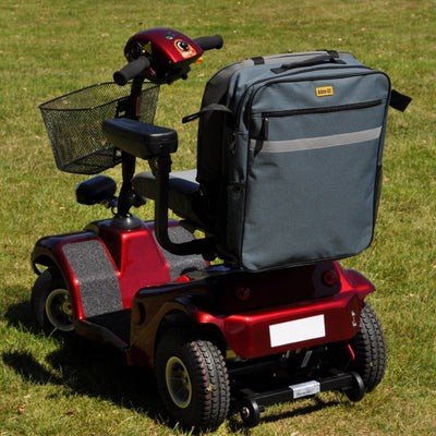 Splash Scooter Bag attached to mobility scooter outside - grey