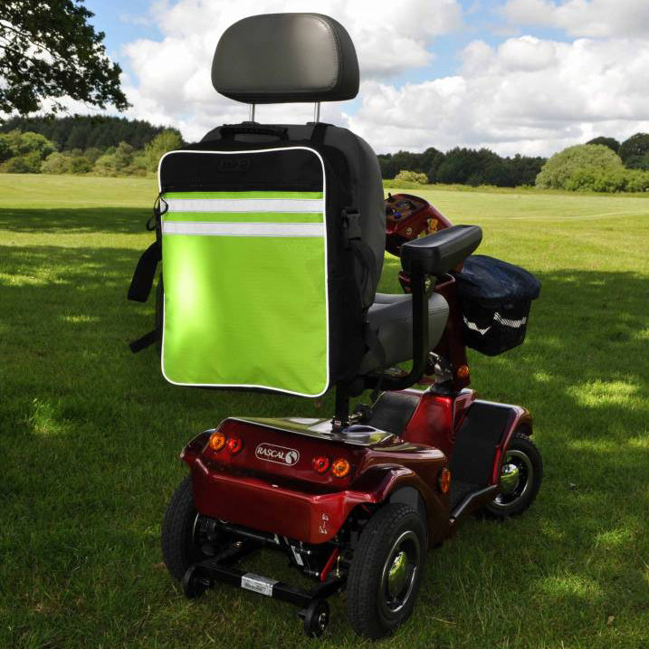 Splash Scooter Bag attached to mobility scooter outside - Hi-Vis