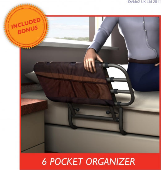 EZ Adjustable Bed Rail with Pouch from Stander graphic showing the 6 pocket organiser