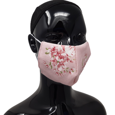 shows the washable reusable face mask in pink flowers design