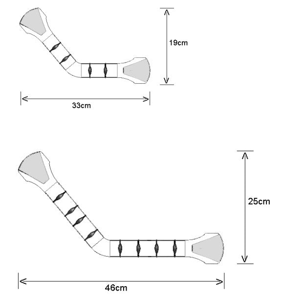 A diagram of two of the prima grab rails with measurements, 33 x 19 cm and 46 x 25 cm