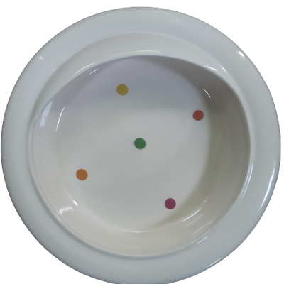 shows the secure grip half scoop plate bowl in polka dot pattern