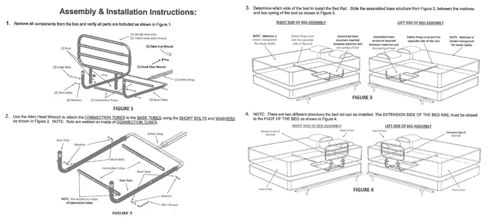 shows a diagram of the assembly and installation instructions for the ez adjustable bed rail with pouch from stander