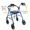 the image shows the adjustable handles and locking loop brakes on the blue jay four wheel rollator
