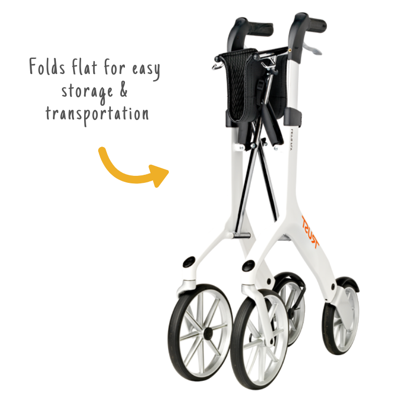 A folded up white Let's Fly Rollator with the caption 