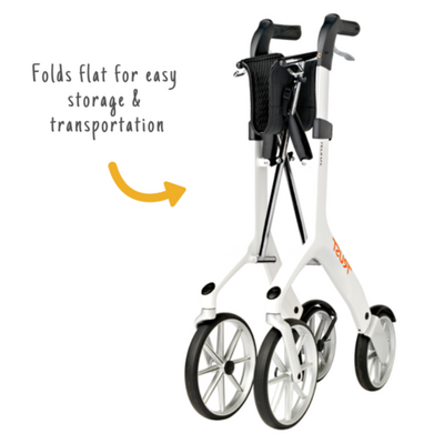 shows the folded up lets fly rollator in white