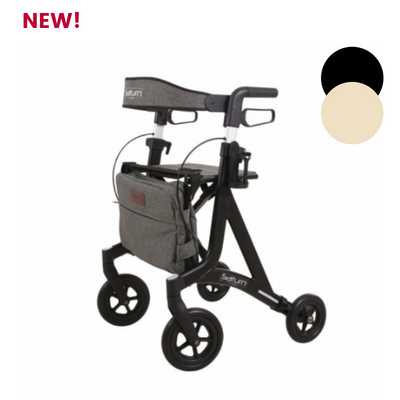 A front view of the Black Saturn 4 Wheel Rollator 
