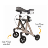 A beige Saturn 4 Wheel Rollator with two captions; 8 inch PU front swivel wheels, and 7 inch PU rear wheels