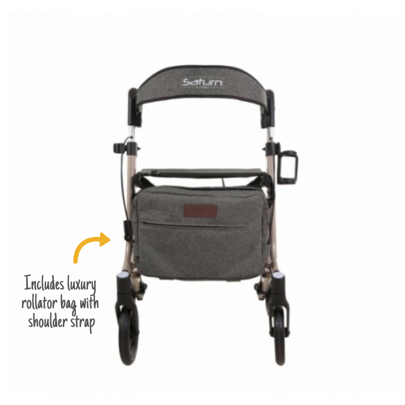 A rear view of the Saturn 4 Wheel Rollator with the caption; Includes luxury rollator bag with shoulder strap