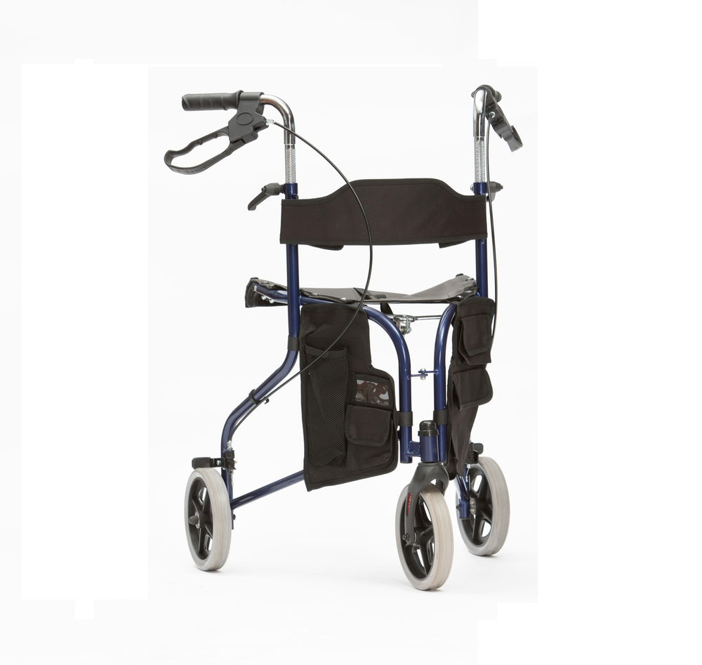 shows the blue Tri-walker walking aid with seat