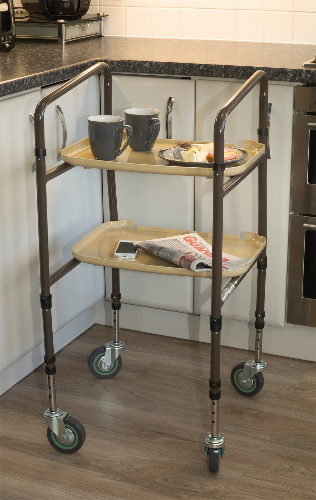 Height adjustable household trolley with two trays