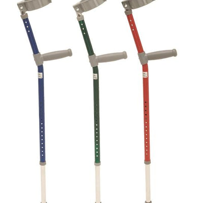 The three different colours of Trulife Coloured Crutches, blue, green, and red.
