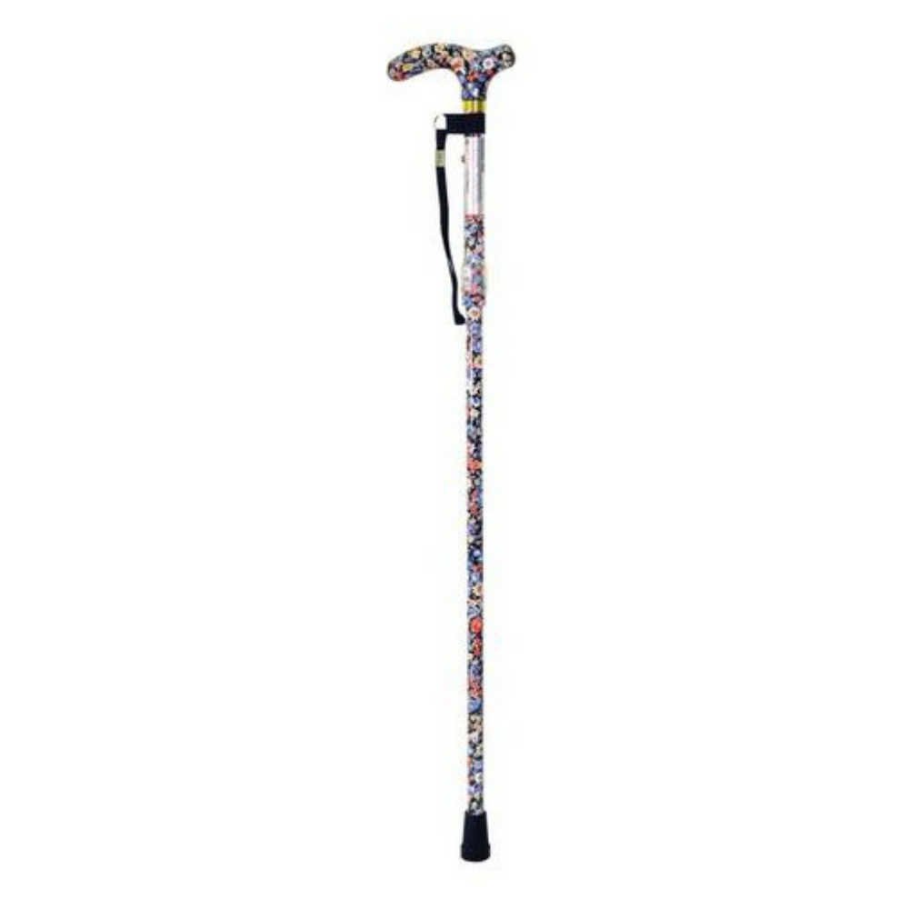 shows a deluxe folding walking cane when unfolded for use