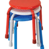 shows three multi-purpose adjustable stools in all three colours of red white and blue stacked on top of each other