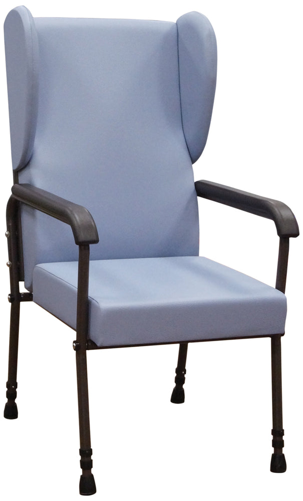 shows the blue flat pack chelsfield high back chair