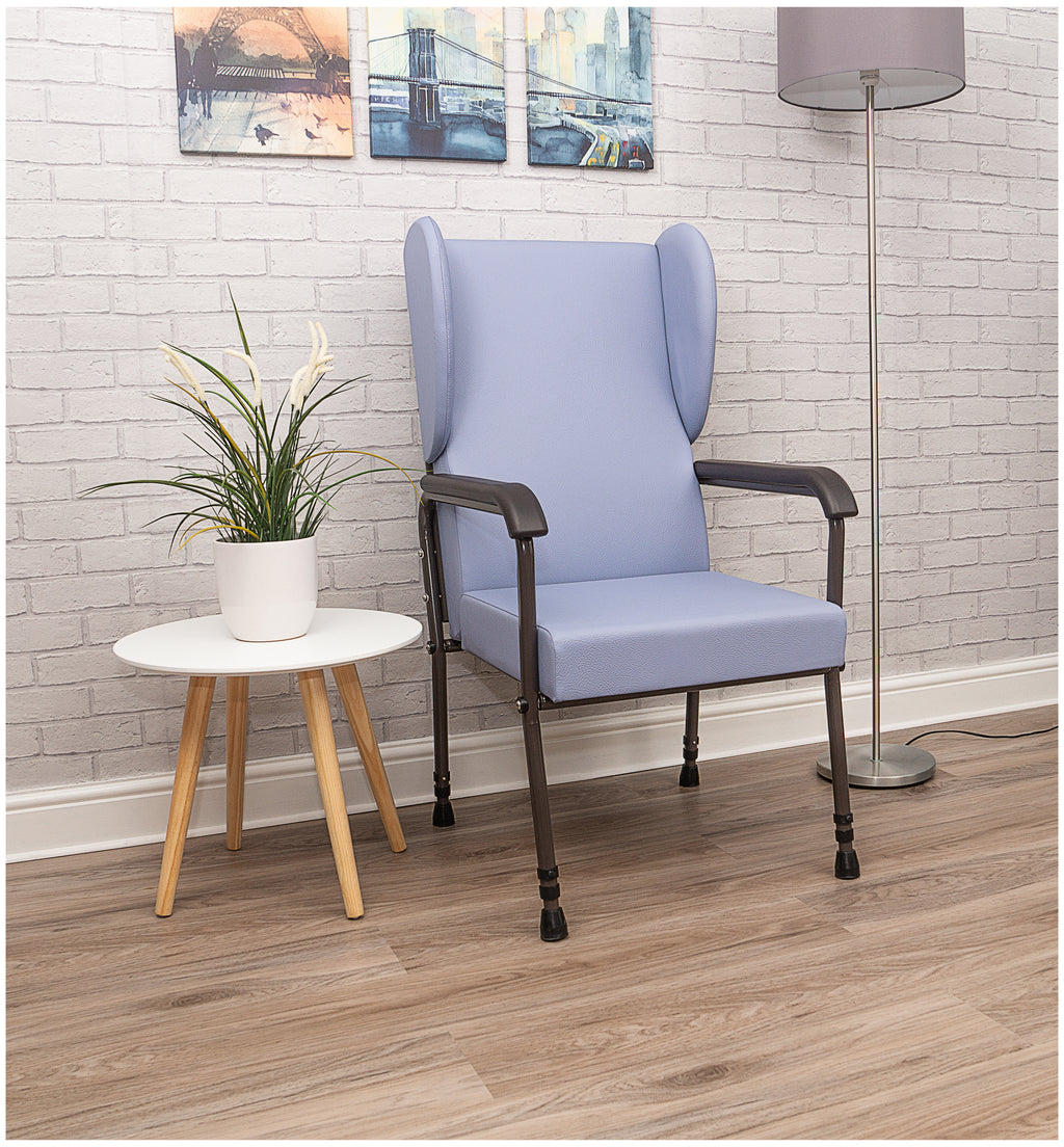 shows the blue flat pack chelsfield high back chair in a room