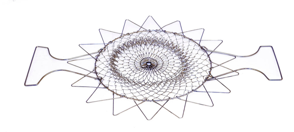 shows the stainless steel cooking basket folded flat