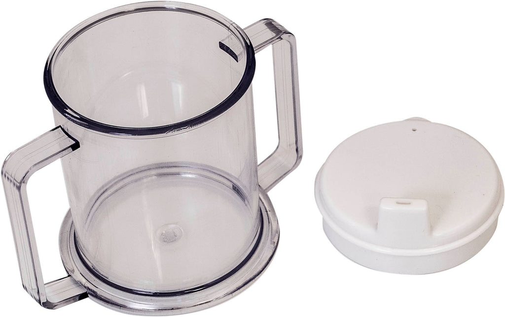 a close up of the easy to hold two handled drinking cup with the lid taken off