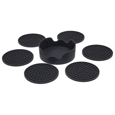 shows the 5 non-slip silicone table coasters surrounding the mat holder