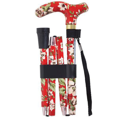 shows the deluxe folding patterned walking cane in 'rouge' design
