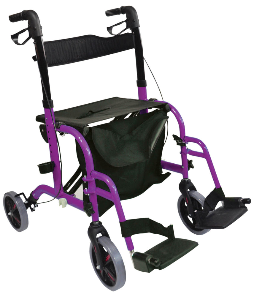 shows the duo deluxe rollator and transit chair in purple