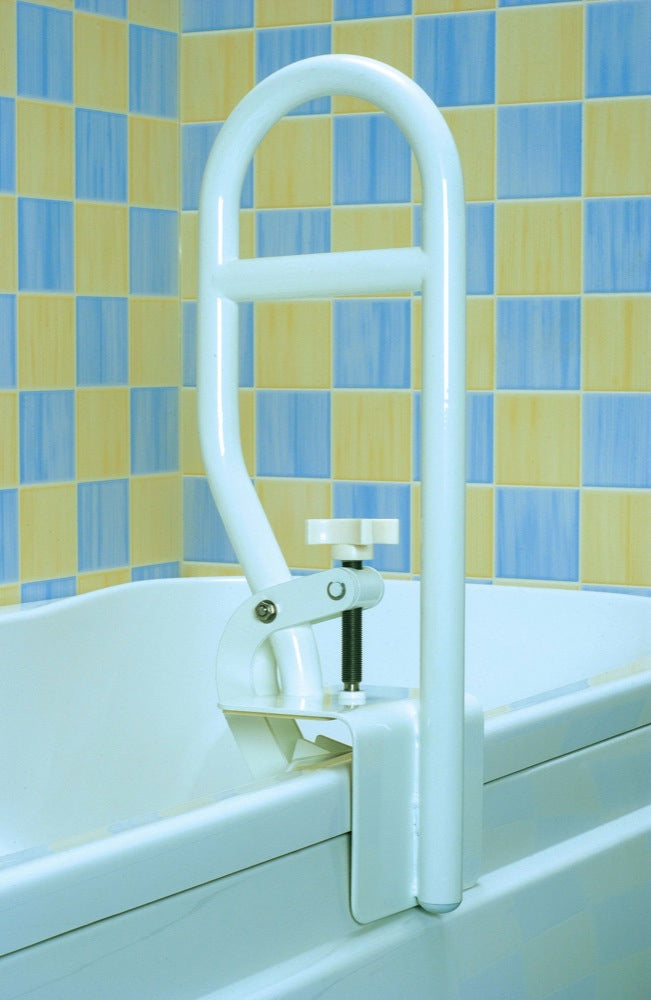 shows Homecraft bath tub grab bar foxed to the side of a bath with a  blue and yellow tiled wall in the background