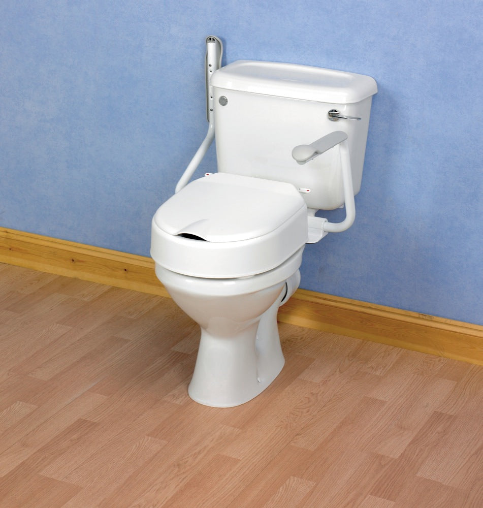 shows the Etac Hi-Loo Raised Toilet Seat with Arms with one arm folded up