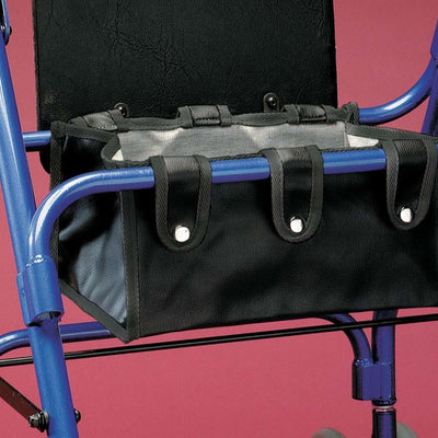 shows the Under Seat Rollator Bag fixed to the frame of a four wheeled rollator