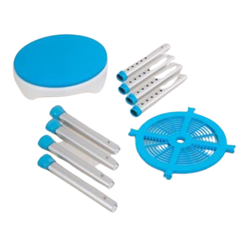 Atlantis Swivel Seat Shower Stool - shows all elements disassembled: 4 legs from 2 angles, seat and base plate