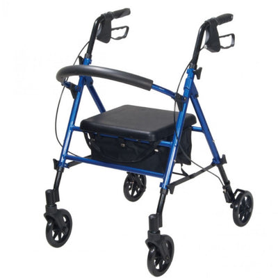 A front view of the blue adjustable seat height rollator/walker