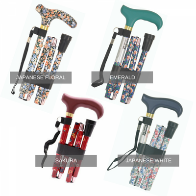 shows the four designs available in the range of deluxe folding walking canes