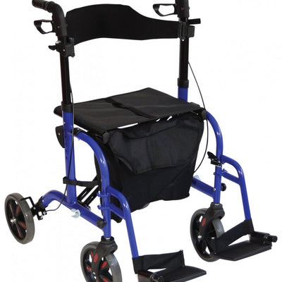 shows the duo deluxe rollator and transit chair in blue