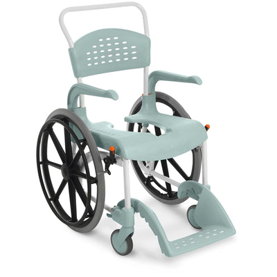shows the Etac Clean Self Propelled Shower Commode Chair in green