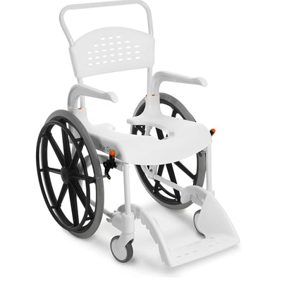 shows an Etac Clean Self Propelled Shower Commode Chair in White