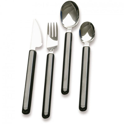 the image shows the knife, fork, table, and tea spoon etac light cutlery with long thin handles