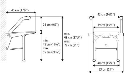 A diagram showing the measurements of the Etac Relax Shower seat