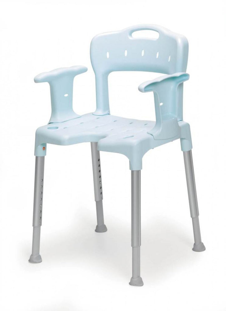 The image shows a blue Etac Swift Shower Chair