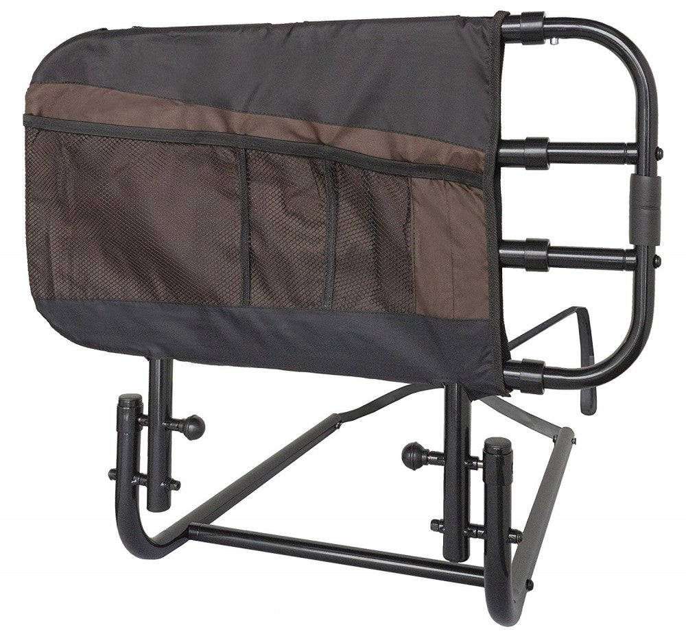 shows the ez adjustable bed rail with pouch from stander