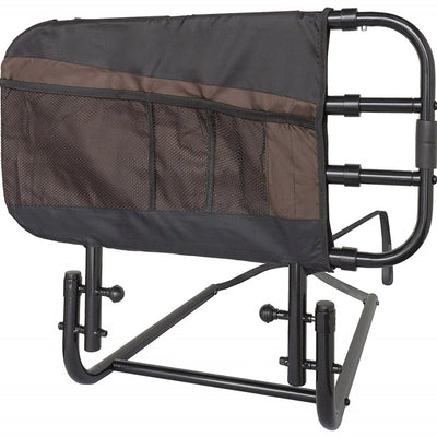 shows the ez adjustable bed rail with pouch from stander